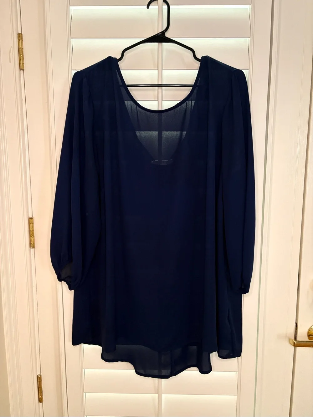 Women's Navy Sheer Long-Sleeve Blouse 1XL - Picture 2 of 7